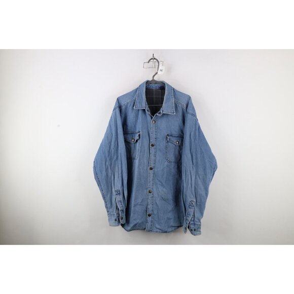 Vintage Other - Vtg 90s Streetwear Mens XL Faded Flannel Lined Denim Jean Button Shirt Jacket
